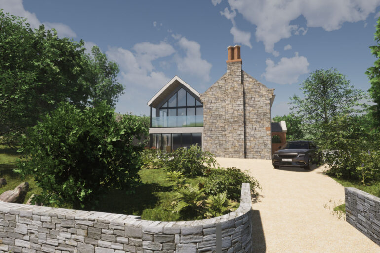 CGI of contemporary extension to rear of stone cottage