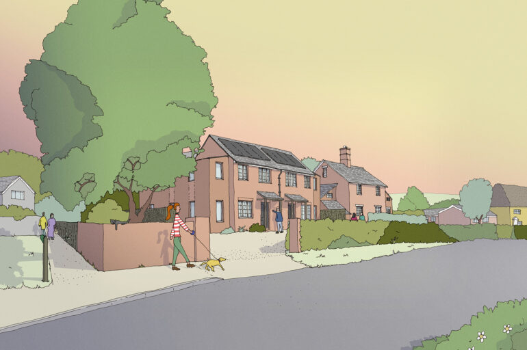 A sketch of two contemporary cottages at sunset