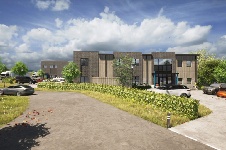 A render of the proposed office building with timber and brick walls